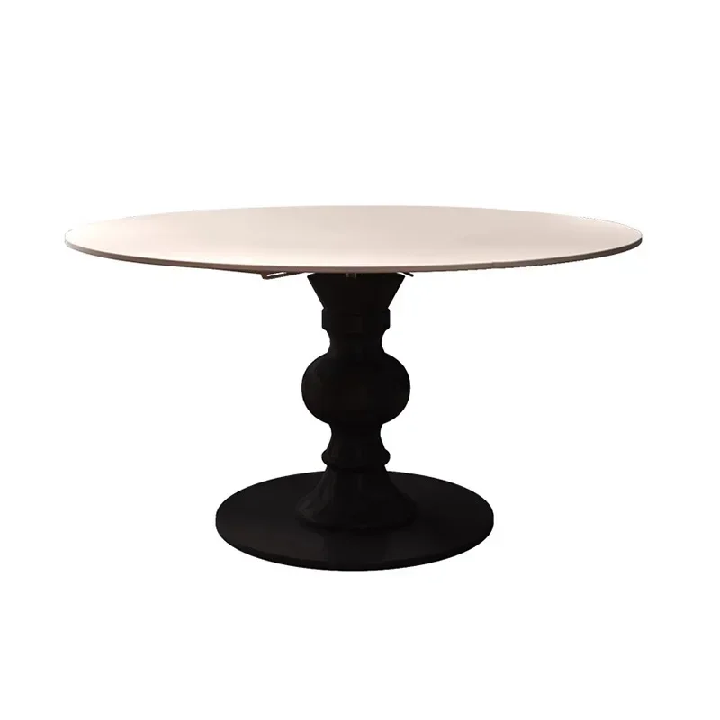 

French retro retractable rock slab rotating dining table variable round table dual-purpose folding black