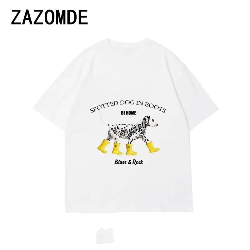 ZAZOMDE 100% Cotton Comb Round Neck Loose T-shirt Man 2024 Summer Dog Print Street Loose Short Sleeve T-shirt Men\'s 260G Top