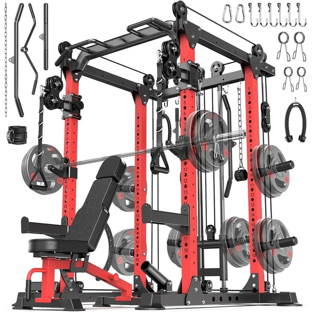 

Универсальная силовая стойка для домашнего спортзала со станцией для приседаний, кабельным кроссовером и весовыми креплениями