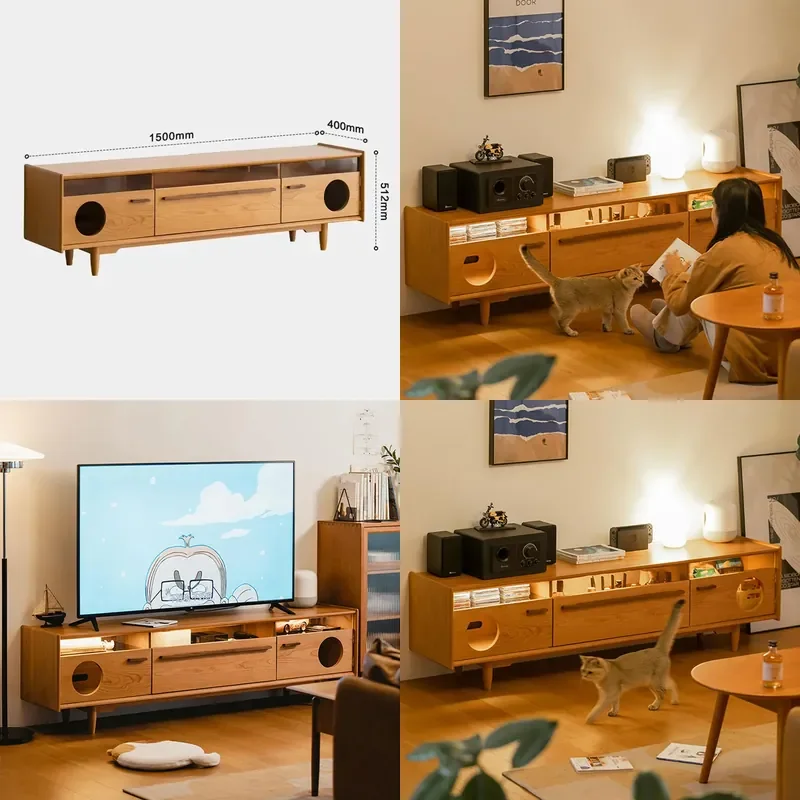 Nordic Solid Wood TV Stand Retro Multifunctional Media Console Large Storage Cabinet for Living Room Home Audio Visual Unit