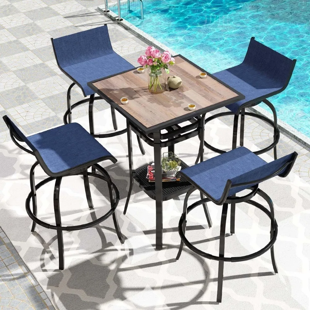 

5 Piece Patio Bar Set, Swivel Bar Table with Counter Height Swivel Bar Stools for 4 People, Quick Dry Breathable