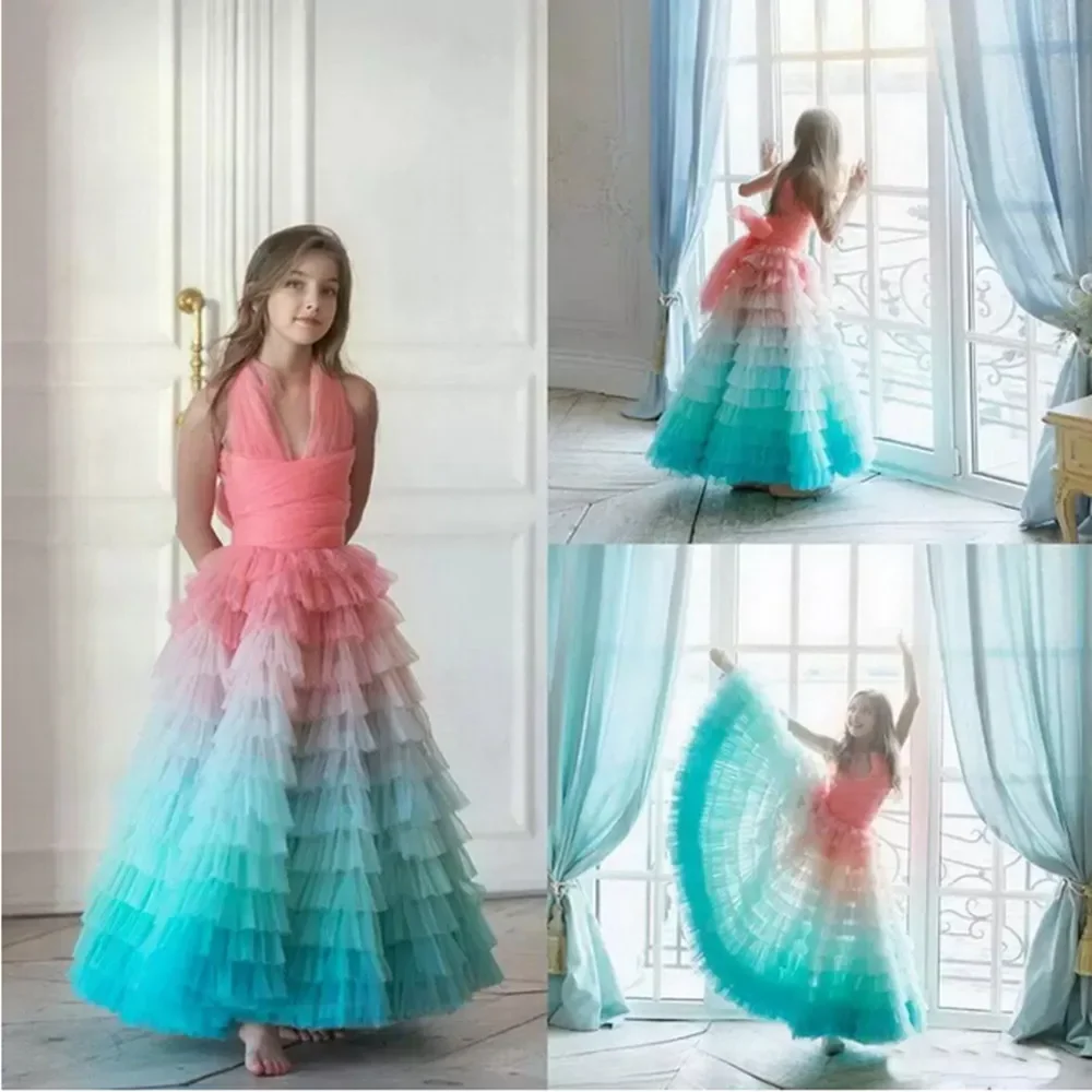 

Flower Girl Dress Colored Tulle Lace Layered Princess Wedding Dresses Party Ball First Communion Kids Birthday Present Gowns