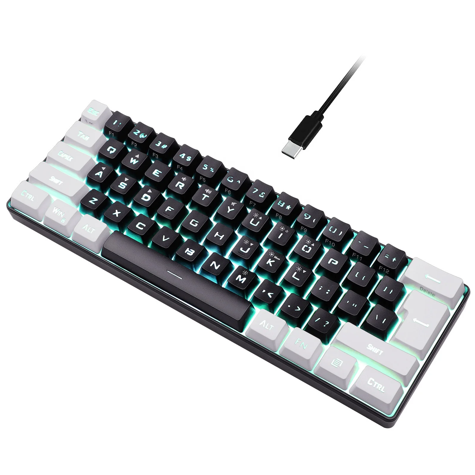 Teclado mecánico personalizado, 61 teclas, interruptor blanco, Mini USB, con cable, retroiluminado RGB, 60%