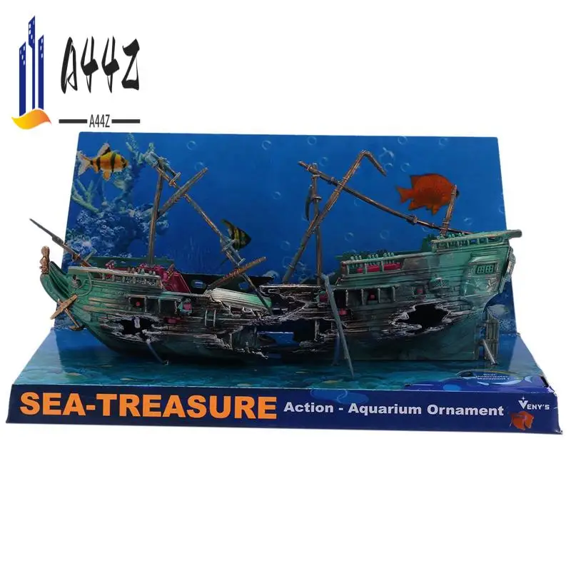 

A44Z-4X Large Aquarium Decoration Boat Plactic Aquarium Ship Air Split Shipwreck Fish Tank Decor C