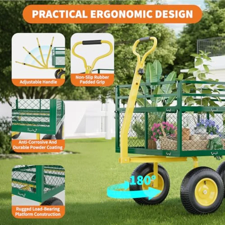 Steel Garden Cart on Wheels, 1400 Lbs Heavy Duty Yard Utility Wagon with Removable Mesh Sides, All Terrain Pneumatic Tires, Dur