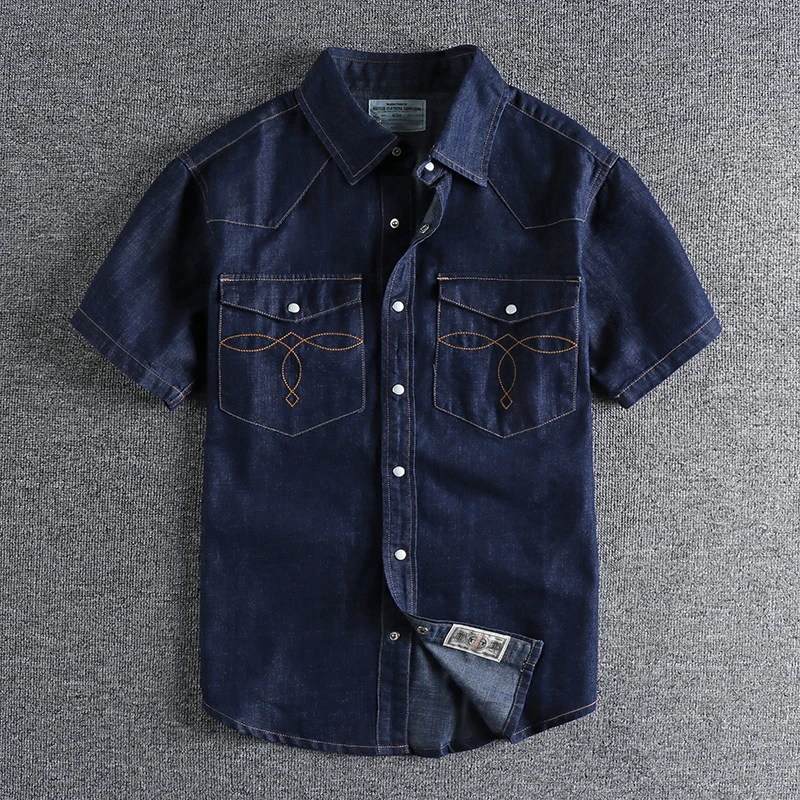 Summer New American Retro Short Sleeve Lapel Denim Cargo Shirt Men\'s Fashion Pure Cotton Washed Old Multi-pocket Casual Blouses