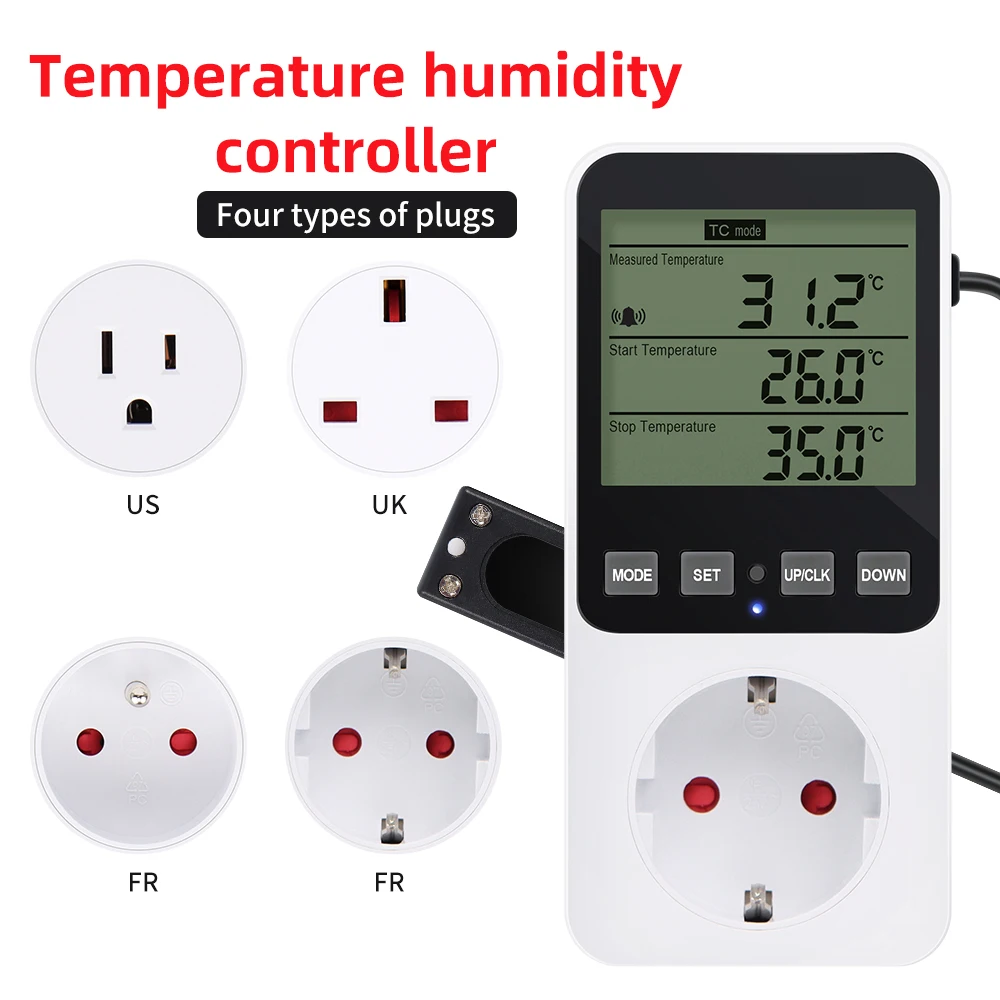 EU/US/FR/UK Socket Thermostaat LCD Display Digitale Temperatuur-vochtigheidsregelaar met Sensor Huishoudelijk Smart ℃ / ℉   Thermostaat