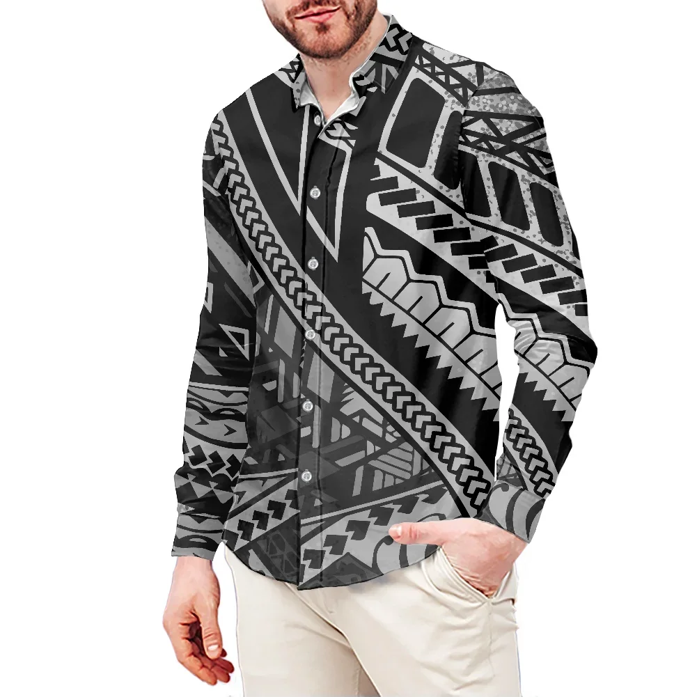 Men Samoan Dress Shirt , Tribal Art, Vintage Tattoo Print, Polynesian, Elegance Long Sleeve Shirt, Custom Logo, Fashion Clothing