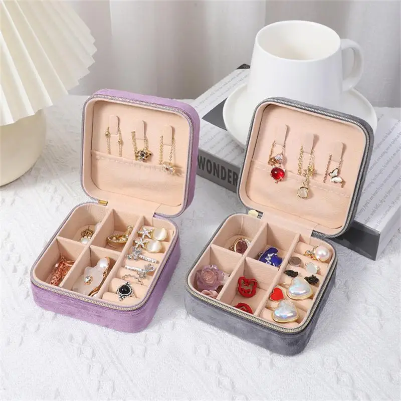 Velvet Jewelry Box Travel Portable Flannel Square Zipper Style Jewellery Storage Case Fashion Gift Holder Ring Earring Holder