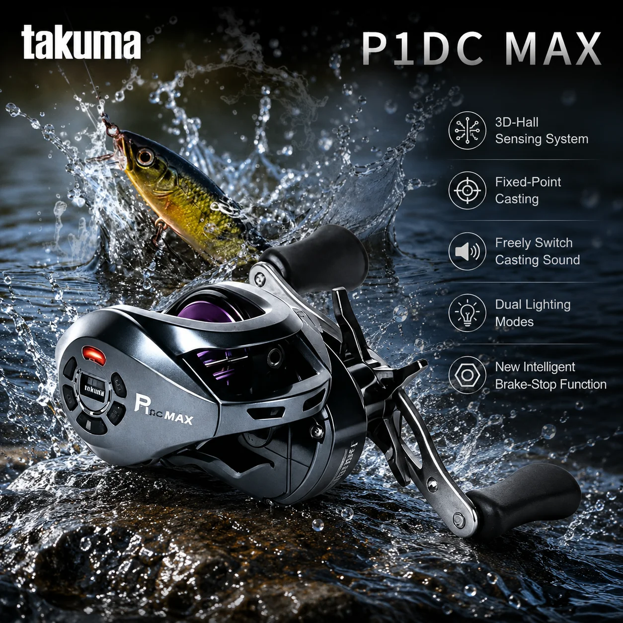 New Model Takuma P1DC MAX Baitcasting Reel 6+1BB 7.3:1 188g 3D-Hall Sensor Fixed-point Cast Dual Light Intelligence Stop Brake