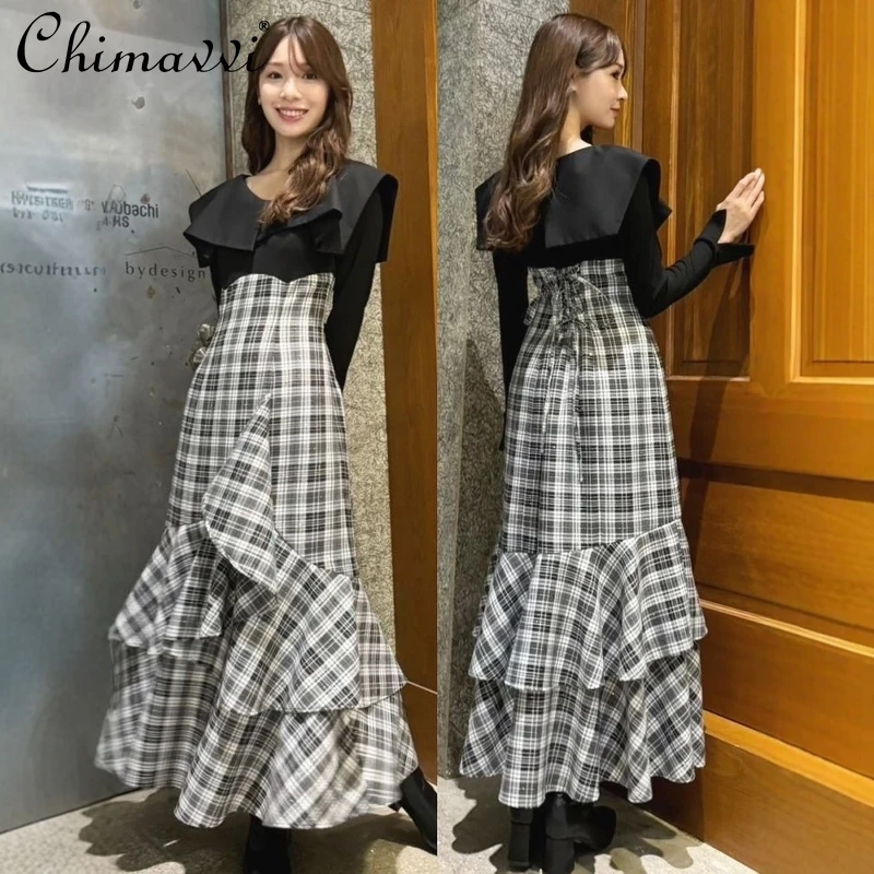 Japonês plissado hem emenda em camadas fishtail vestido primavera e verão nova moda magro manga comprida lapela elegante vestidos longos