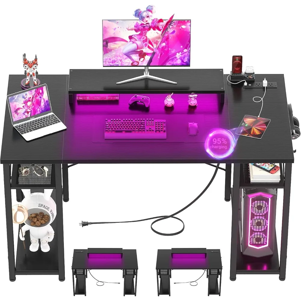 Computer Desk with LED Lights, 48 Inch Reversible Large Desk with Power Outlet and USB, 48'' Gaming PC Table with Moveable