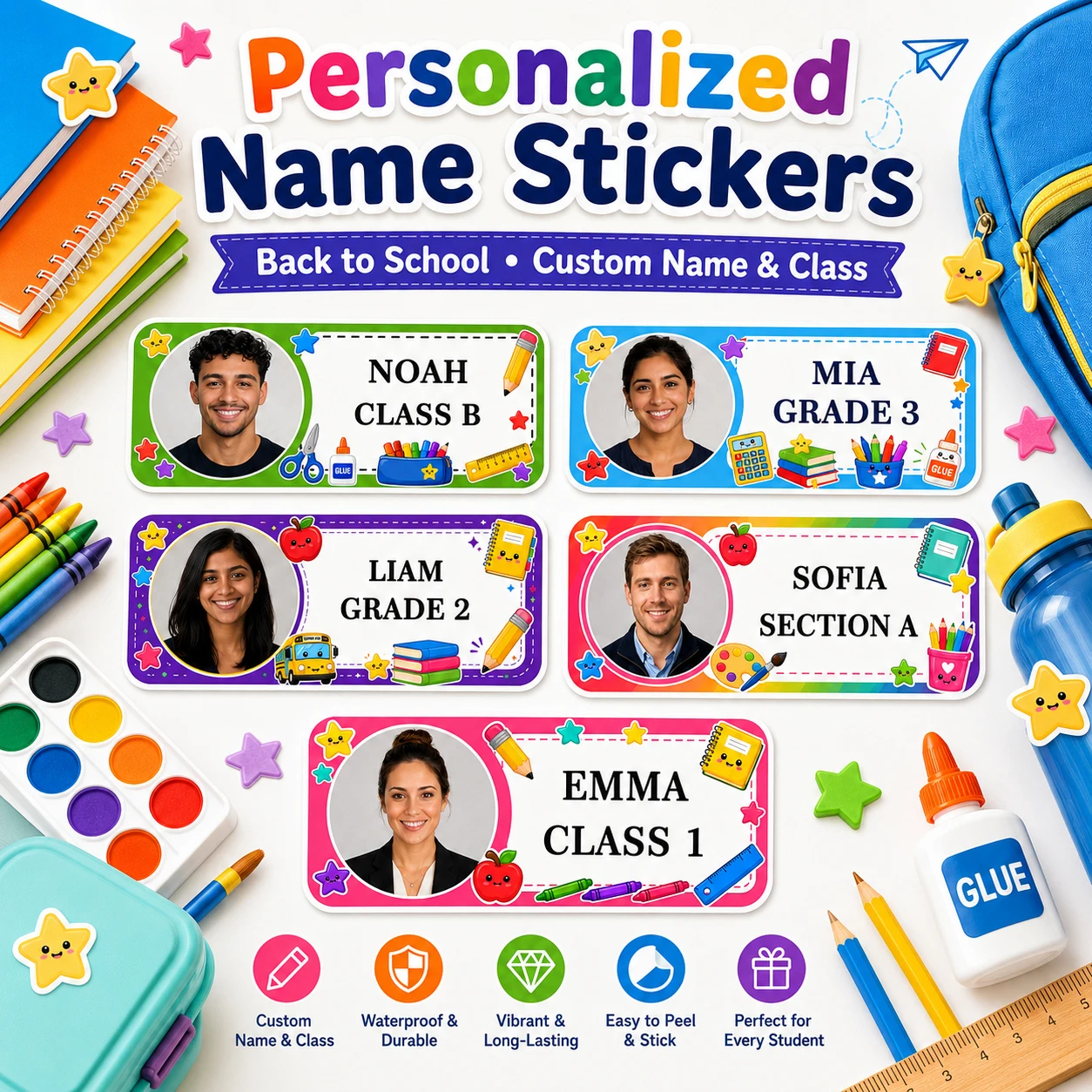 Customized Name Tags for the Back-To-School Season, Personalized and Customizable Name and Class Stickers, Waterproof Label Stickers