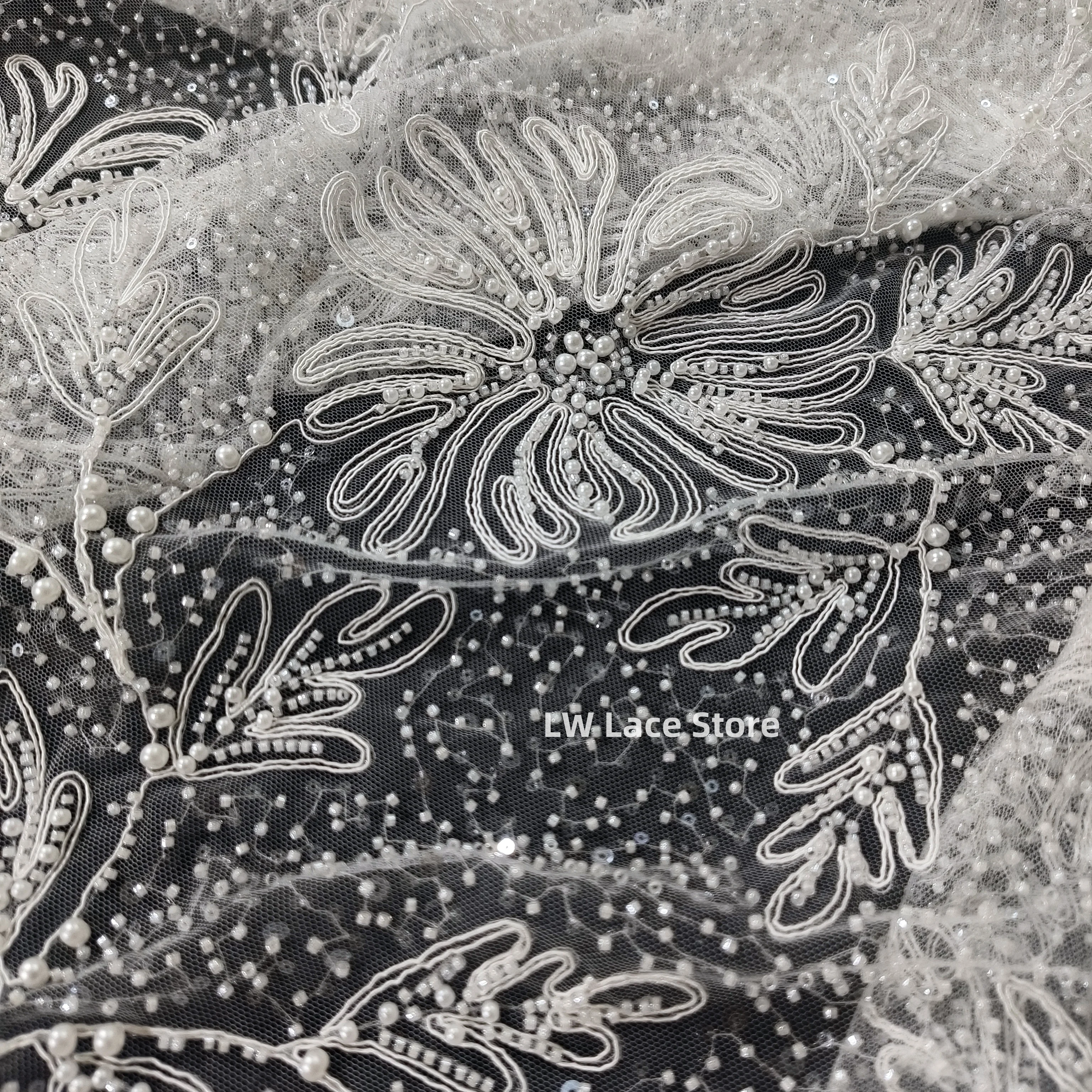 

Luxury Heavy Workmanship Beaded Pearls Mesh Lace Fabrics for High-End Bridal & Evening Dresses Off White Cording Lace 1Meter