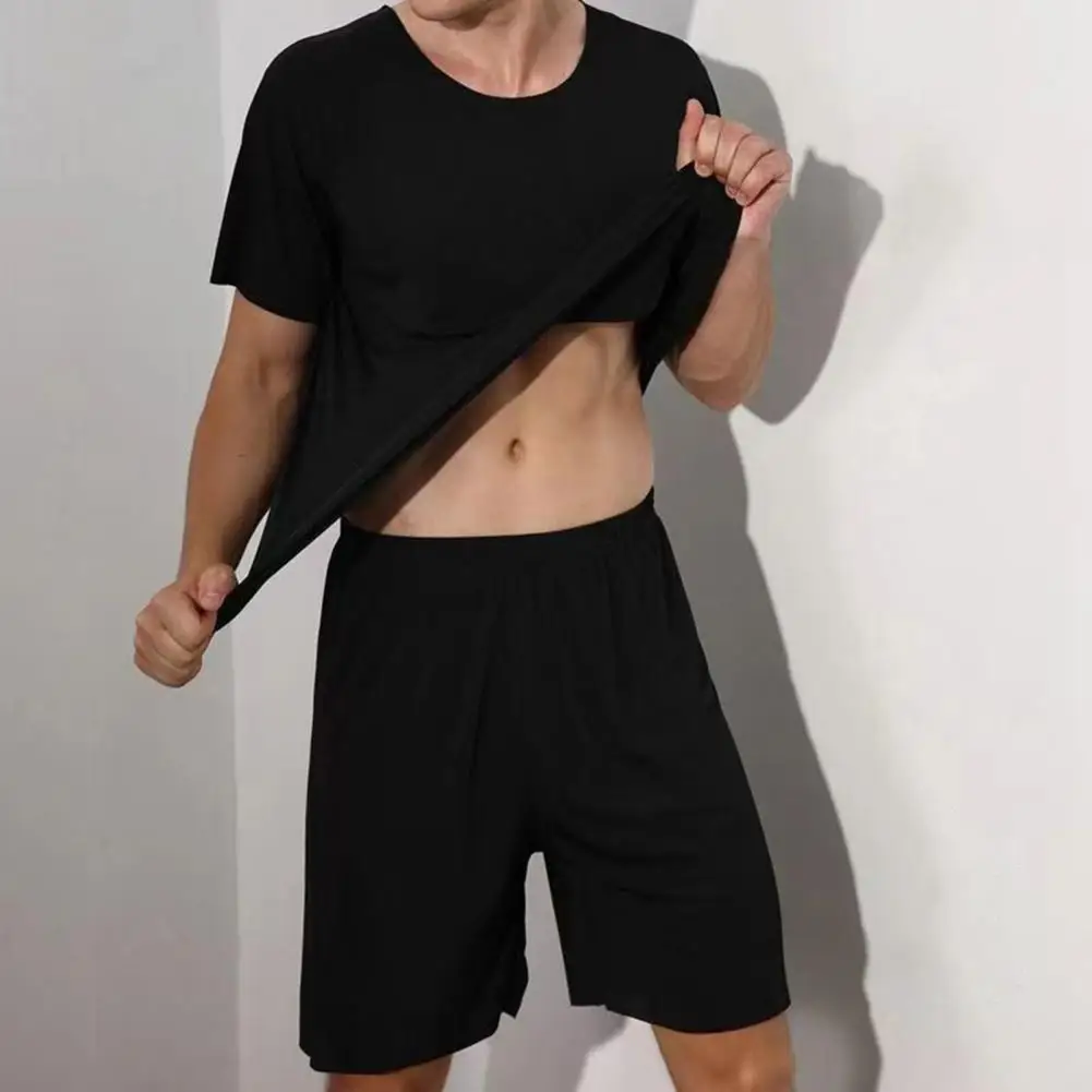 Men Tracksuit Set Men's Sporty Round Neck T-shirt Wide Leg Shorts Set for Comfortable Homewear Sleepwear in Ice Silk Fabric