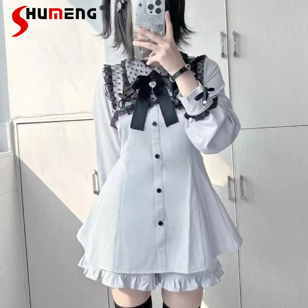 

Japanese Lolita Mine Mass-Produced Heart-Shaped Lace Tied Long Sleeves Single-breasted Dress Blouse Shorts Suit Two Pieces Sets