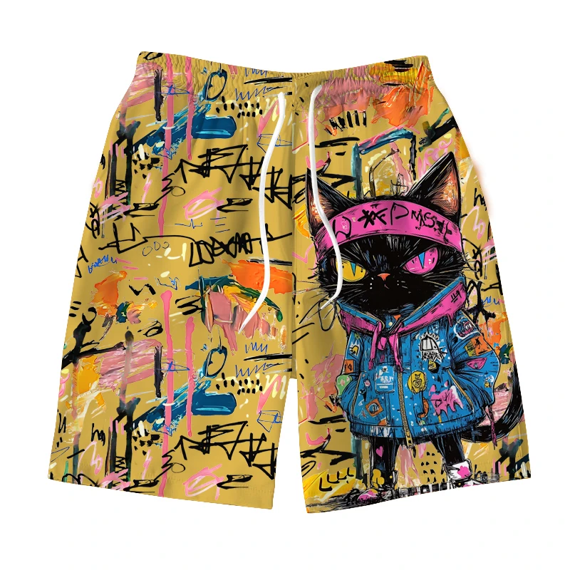 Cool Men's Hawaiian Swimming Trunks 3D Graffiti Kitten Macaron Shorts Quick-drying Outdoor Leisure Sports Fashion Men's Shorts