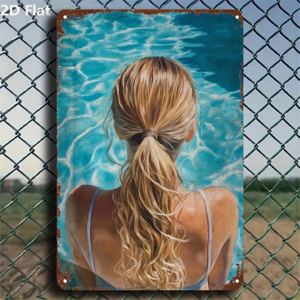 

Vintage 2D metal wall art: Turquoise pool with blonde silhouette, 8x12 inches, indoor/outdoor, easy to install.