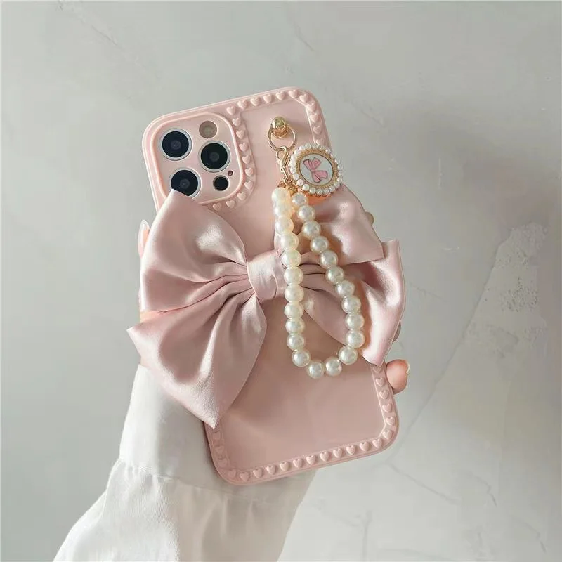 Cute Luxury Fashion 3d Bow Pearl Bracelet Girl Soft Case For Iphone 15 14 11 12 13 Pro MaxXr X Xs 7 8 Se Anti-drop Cover Fundas