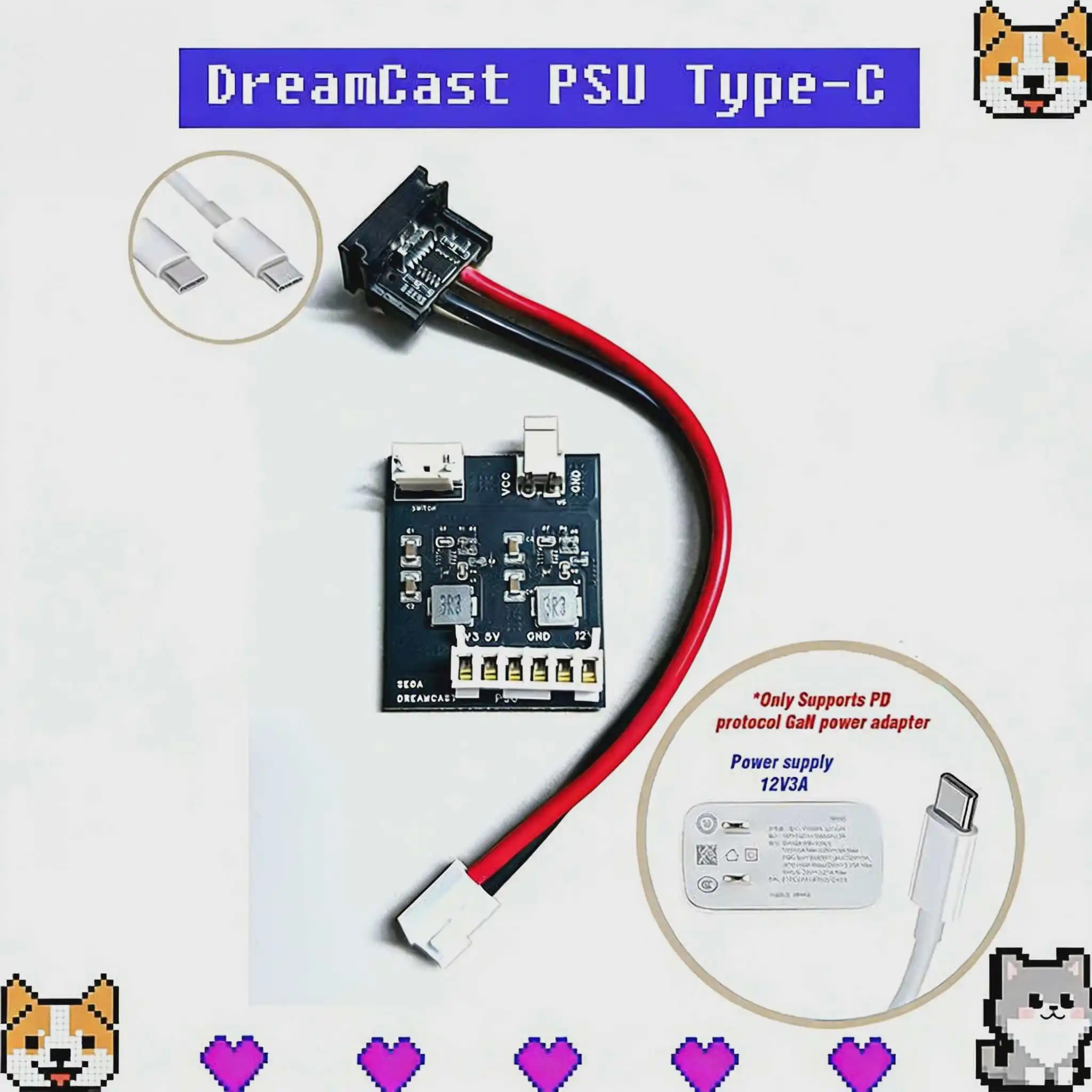 Nova placa de alimentação dreamcast psu tipo-c porta 12v compatível com sega dreamcast console fonte de alimentação de substituição dc