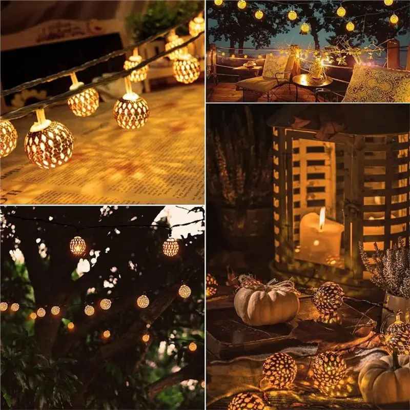 [HOT!A34R】 Solar Powered LED Outdoor String Lights Moroccan Ball For Garden Fence Christmas