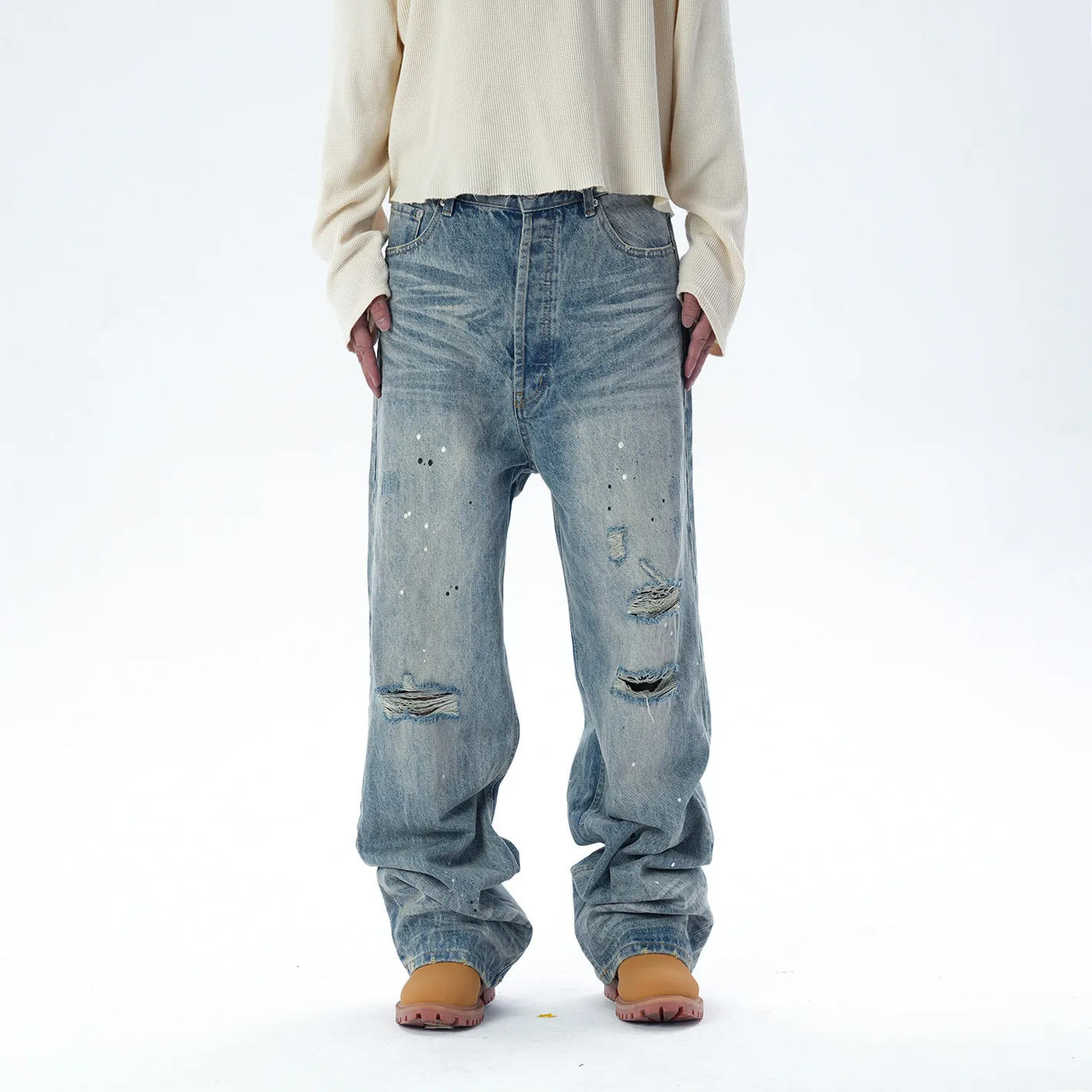 Fashion American-Style Retro Washed Cat Beard Old Splash Ink Scratch Damage Summer Straight Ripped Jeans