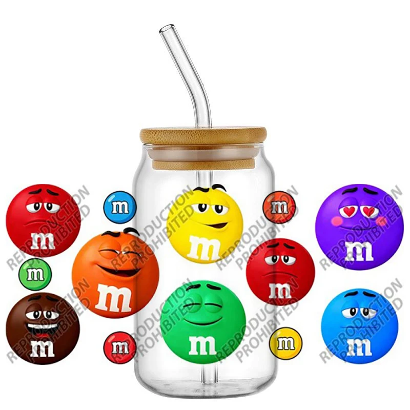 Hotsale Popular Snack Chocolate Beans Cartoon 16oz UV DTF 3D Transfer Sticker Decal For Glass Can Cup Craft DIY Gift Creative