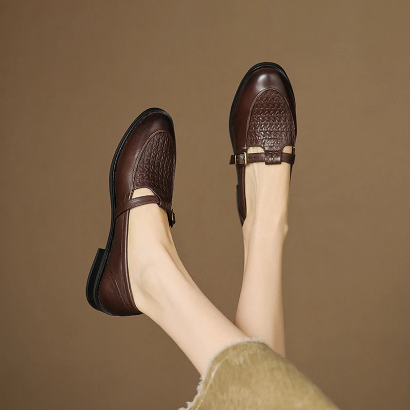 

Women's new spring and autumn genuine leather printed cowhide metal belt buckle round toe Mary Jane shoes retro work shoes