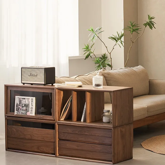 

North American black walnut module TV cabinet free combination low cabinet solid wood floor bookcase display locker