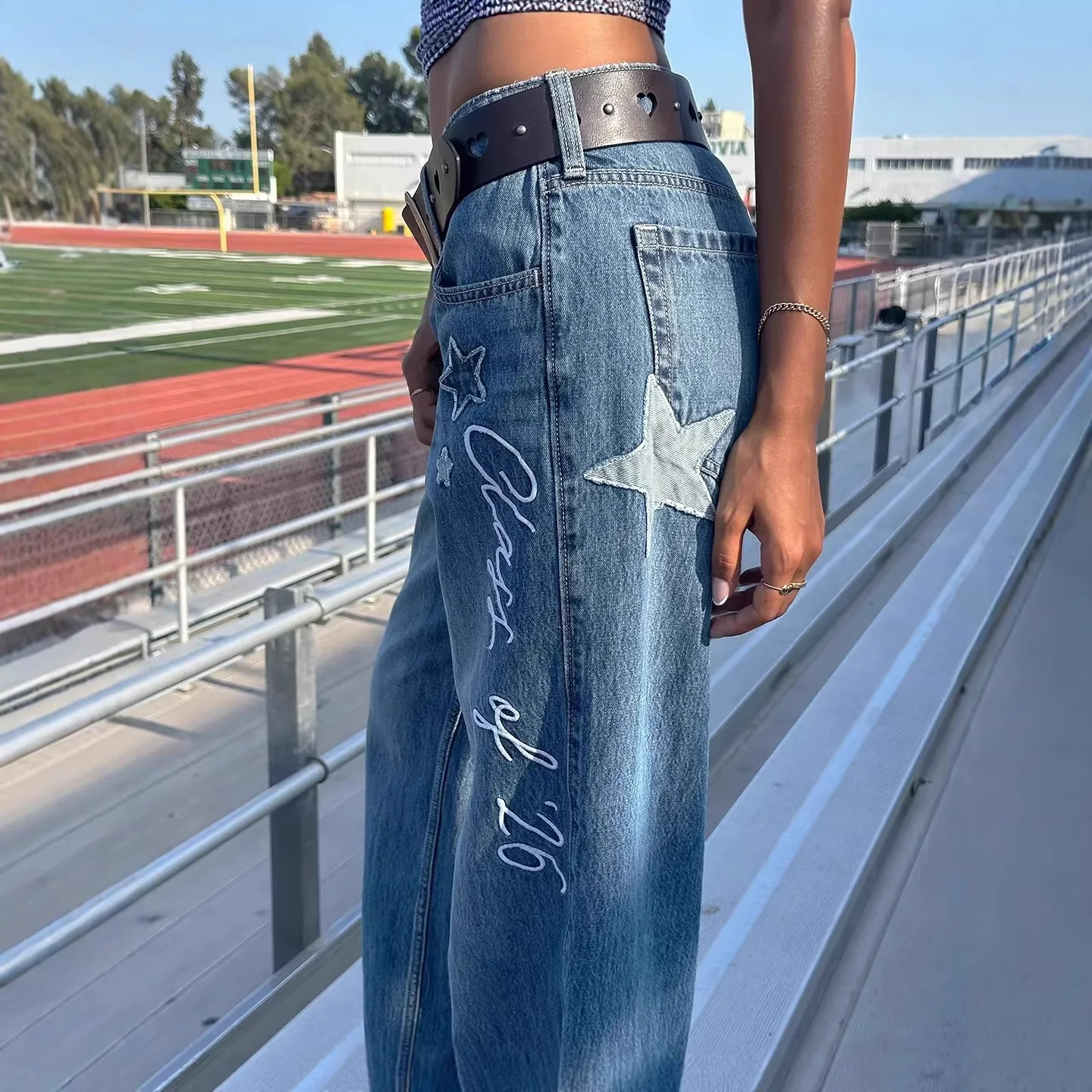 American Retro Sweet Embroidered Star Flower Jeans Women's Casual Low-rise Straight Wide-leg Jeans Women