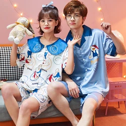 2PCS Couple Women Men Pajama Sets Summer Silk Cloth Sleepwear Sweethearts Pyjama Pour Femme kawaii Bear Printing Pijama Homewear