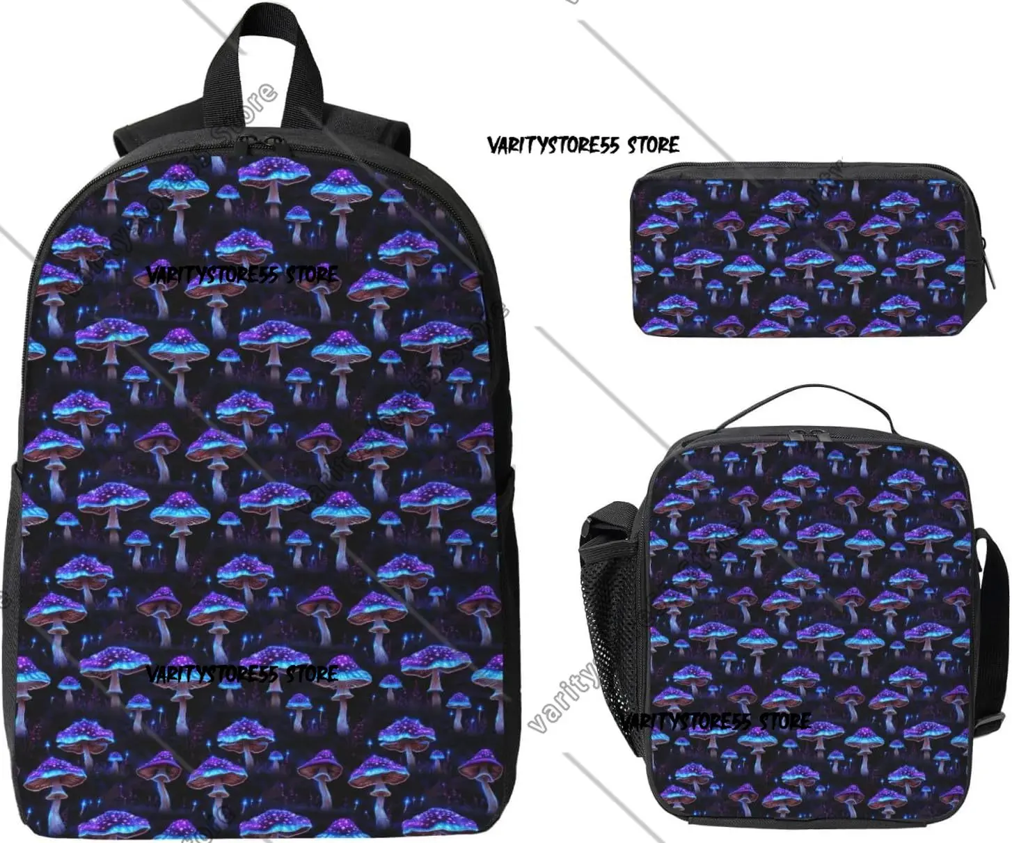 Purple Psychedelic Mushrooms Backpack Crossbody Lunch Bag Pencil Case 3Pcs Set Shoulder Bag With Insulated Lunch Box Pen Bags