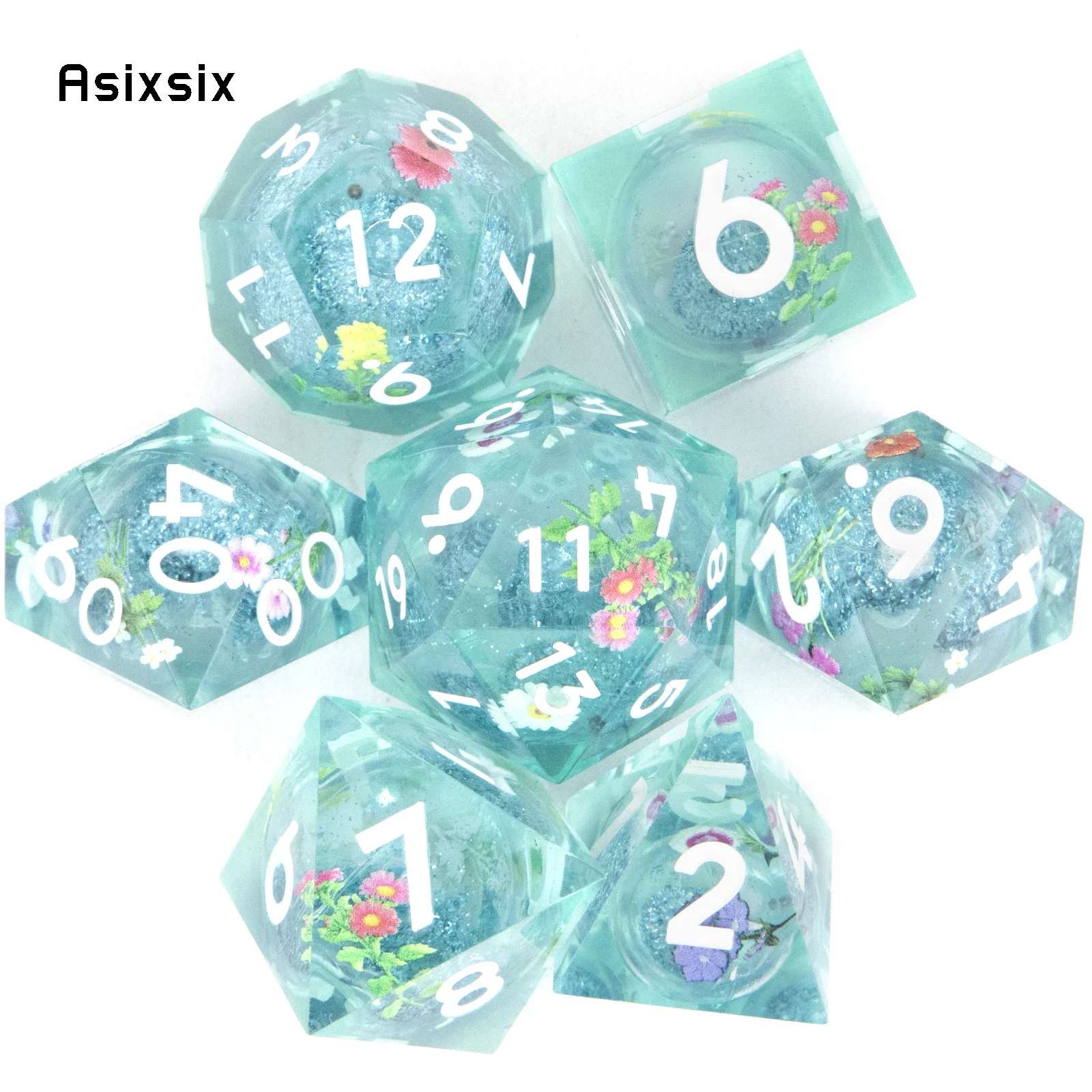 

7 Pcs Blue Flowing Sand White Number Sharp Edge Resin Dice Polyhedral Dice Suitable for Role-Playing RPG Board Game