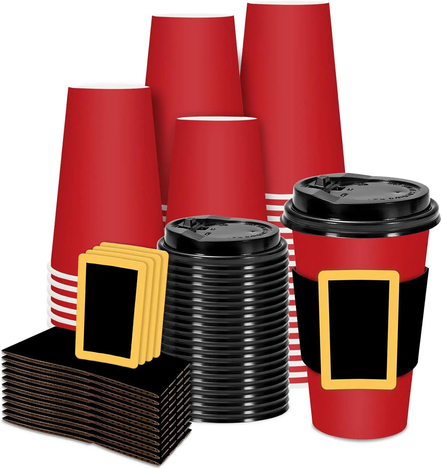 

50 Sets Christmas Coffee Cups with Lids and Sleeves 16oz Paper Cups DIY Santa Belt Red Disposable To Go Coffee Cup for X