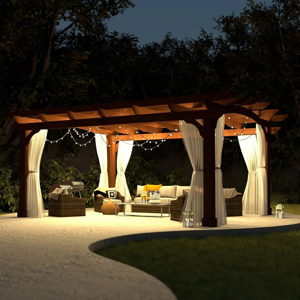 Retratable Wooden Pergola Gazebo for Patio with Arched Roof and Stakes,10'x12' Outdoor Pergola Garden Shelter Cedar Framed