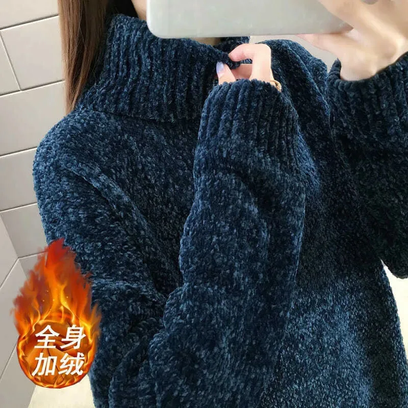 New Womens Pullover Sweater Coat Autumn Winter Thick Plus Fleece Warm Knitwear High Neck Loose Female Knit Bottom Shirt Wine Red