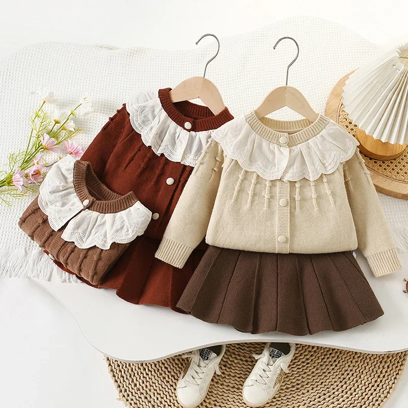 2025 New Autumn Kids Knitted Clothing Suit 2-6Yrs Baby Girls Clothing Set Long Sleeved Knitted Cardigan Coat+Short Skirt