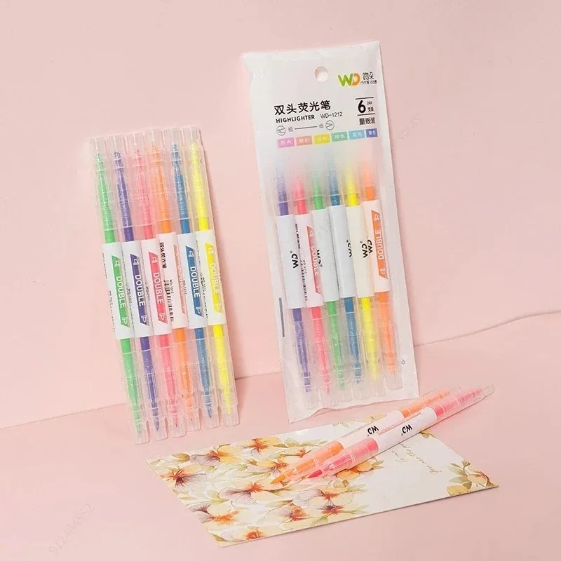 3/6Pcs/Set Double Head Fluorescent Highlighter Pen Markers Pastel Drawing Pen for Student School Office Supplies Cute Stationery
