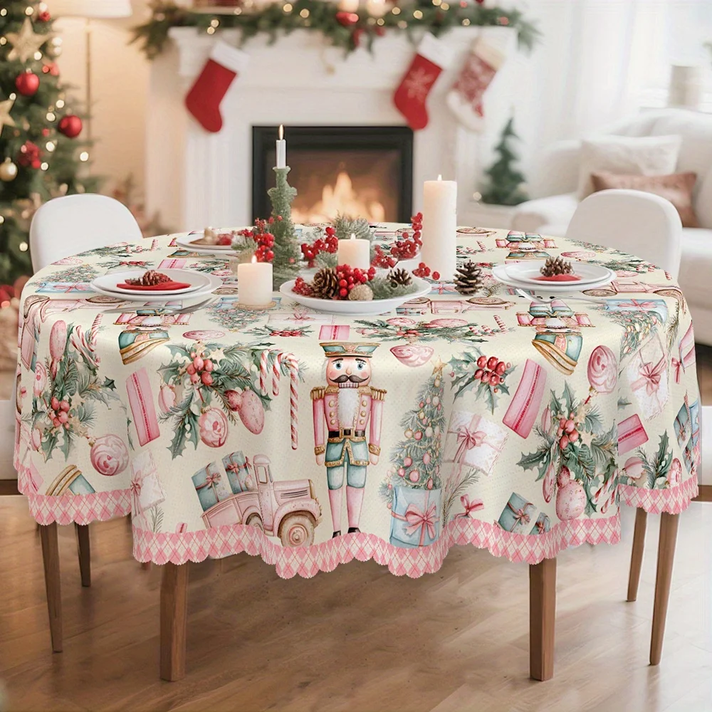 Christmas and winter snow tablecloths, white and pink decorations, nutcracker soldiers, Christmas trees, and gift patterns