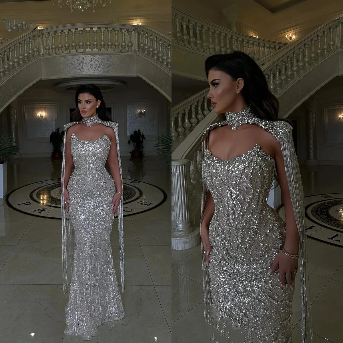 Luxury Evening Dresses For Women Strapless Sleeveless Jacket Gown Crystal Sequins Tassel Sweep Train Customized Dress Party