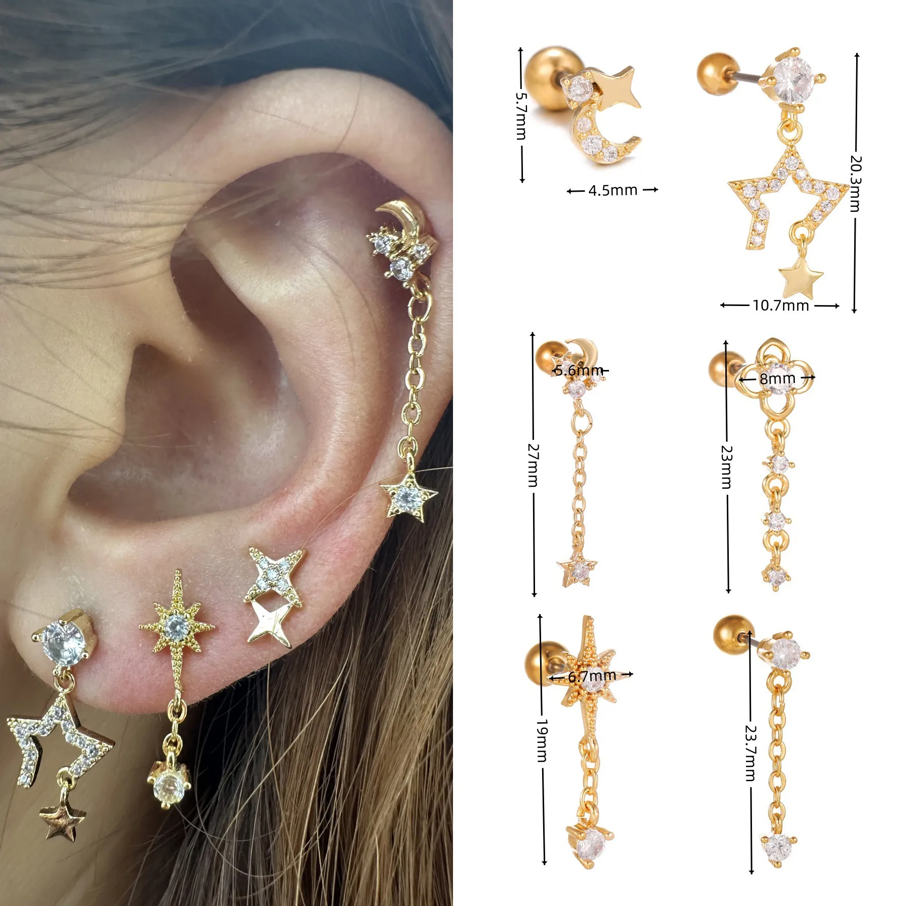 Zcomprend-Boucles d'oreilles en cuivre pour femme, bijoux créatifs, accessoires de charme, piercing au cartilage étoile, fête d'anniversaire, nouvelle tendance, JOEarrings, 1PC