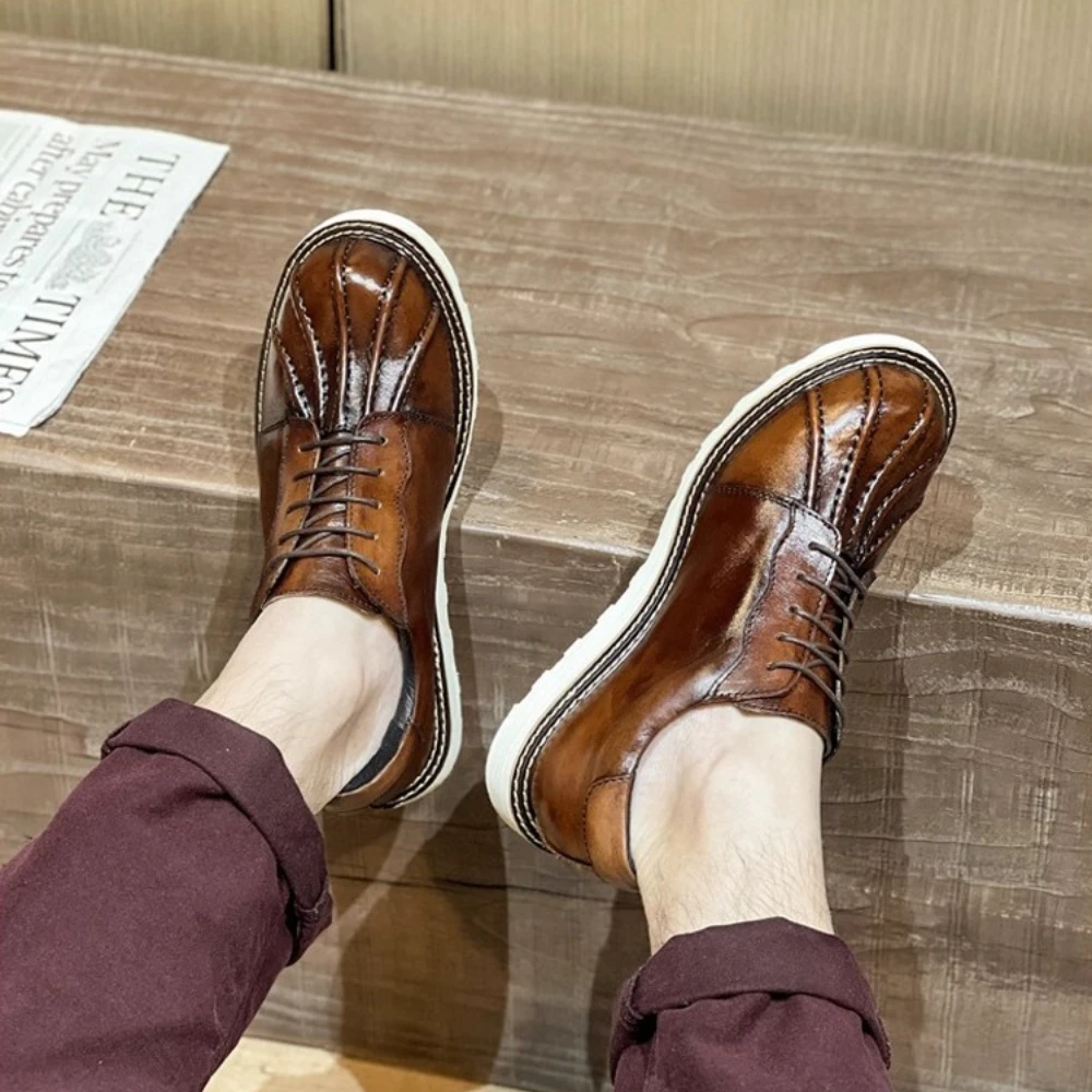 Luxury Retro Men's Genuine Leather Motorcycle Boots British Low Top Brogues Shell Toe Wedding Derby Shoes Male Loafers Handmade