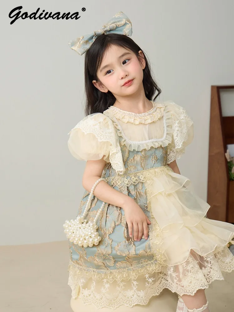 

Новое летнее детское платье принцессы Лолиты для девочек 2026 года: сетчатое, кружевное, с вышивкой, пышными рукавами, бальное платье