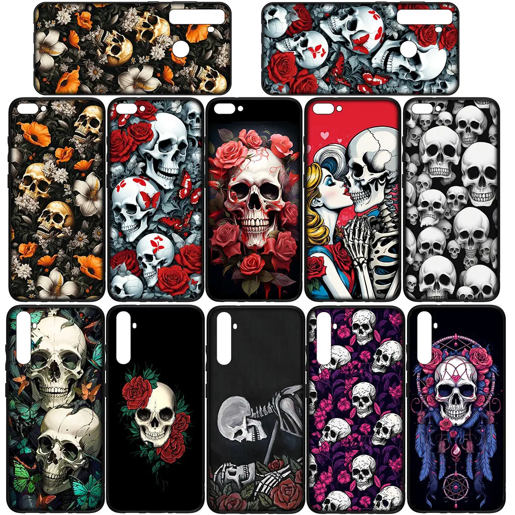 Skull Flower Rose Cover Phone Case for OPPO A17 A15 A16 A53 A54 A57 A78 A79 A58 A38 A98 A94 A96 A74 A95 A77 A76 Soft Casing