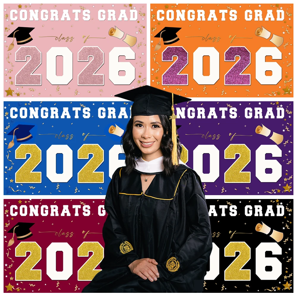 

2026 Graduation Decoration Backdrops Gold Glitter Bachelor Hat Reel for Class Of 2026 Ceremony Graduation Photography Background