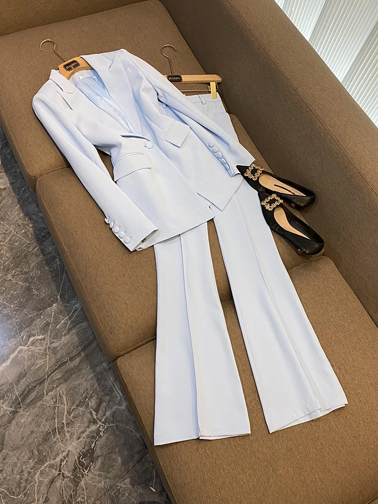 Simple Designed Lady Office Basic Solid Suit Single Button Slim Fitted Blazer Flared Pants Women 2Pcs