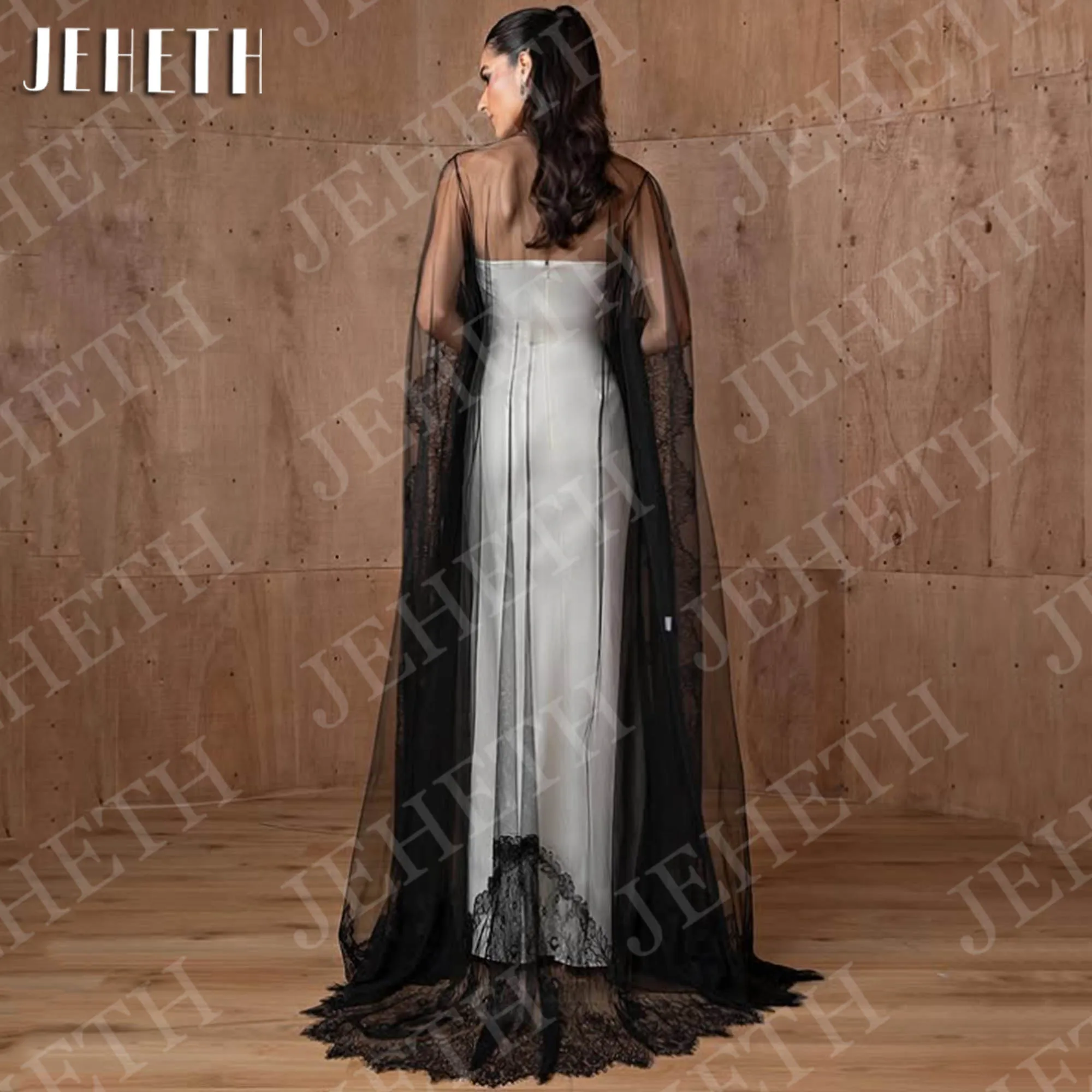 JEHETH Abiti da sera dell'Arabia Saudita eleganti con mantella in tulle nero Abito da festa formale a sirena senza spalline Personalizzato Arabia Saudita Abiti da sera Elegante con Nero Tulle Cape formale senza spallin