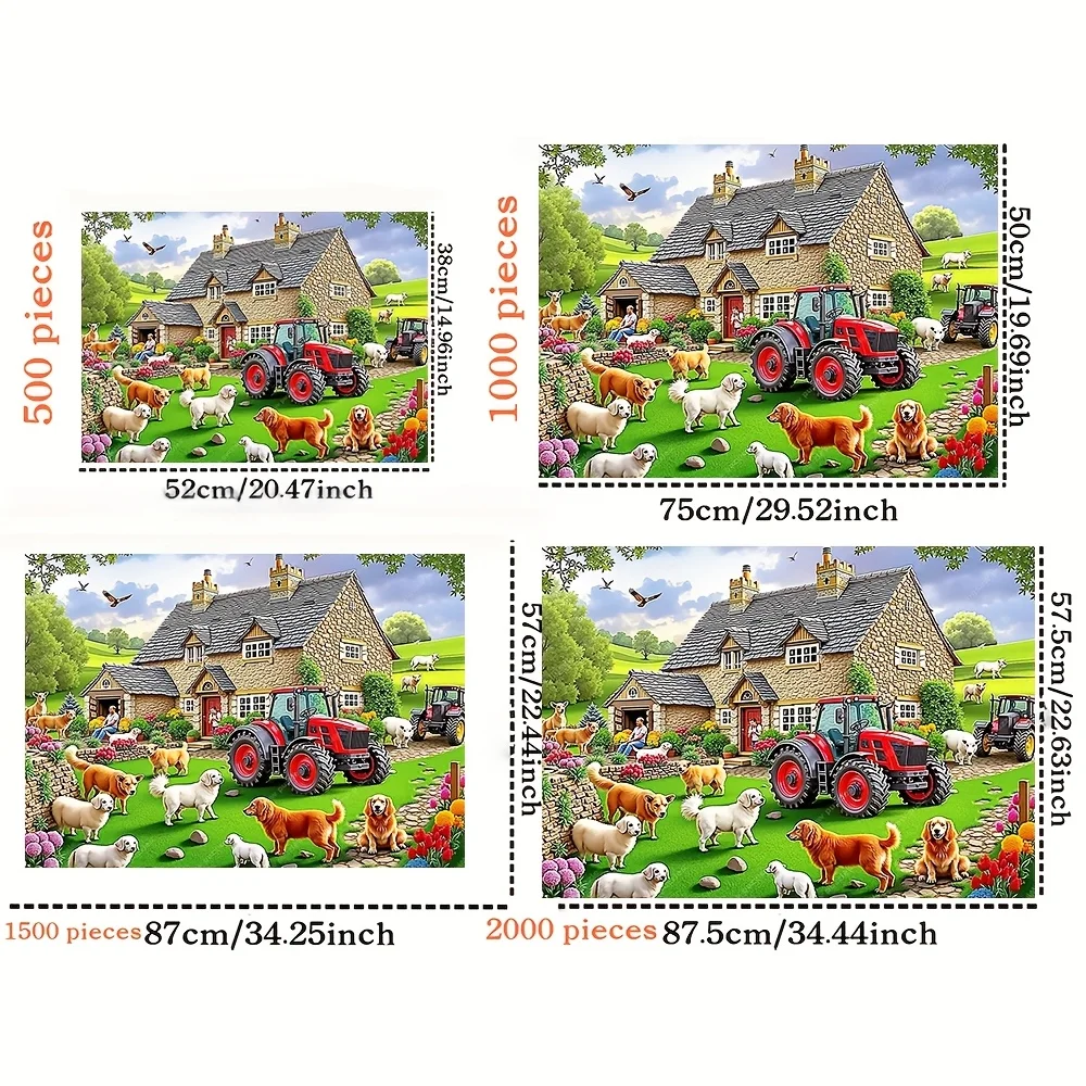 500/1000/1500/2000pcs Extra-Challenging Farm Life Jigsaw Puzzle for Adults - Cottage, Tractor, Dogs - Interlocking Wooden Piec