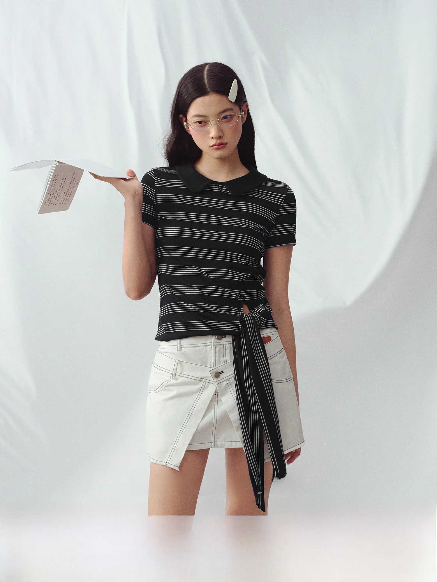 

Casual Striped Tie Doll Collar ort Sve T-irt Women Summer Bla Versatile Top Cotton Material Regular Fit Teenage Sle