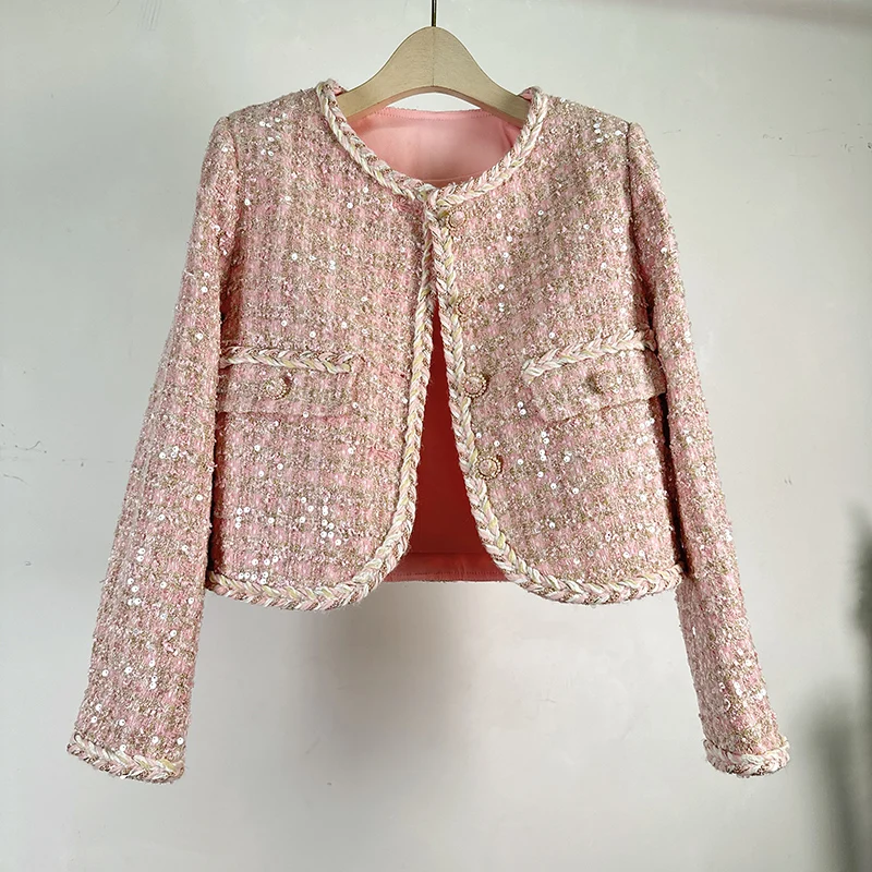 

Luxury French Fashion Vintage Women Autumn Winter Tweed Wool Sequined Weave O Neck Long Sleeve Single Breasted Outwear Coat